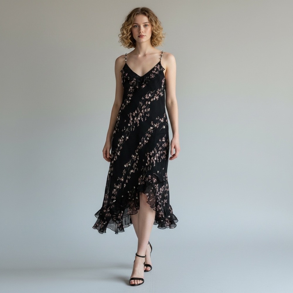Vintage Y2K 90s 100% Silk Romantic Assymetric Dress 10 Black Spaguetti Straps
